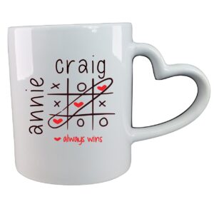 Personalised Hearts and Crosses Mug with Heart shaped handle